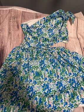 SHEIN Blue & Green Floral One-Shoulder Dress
